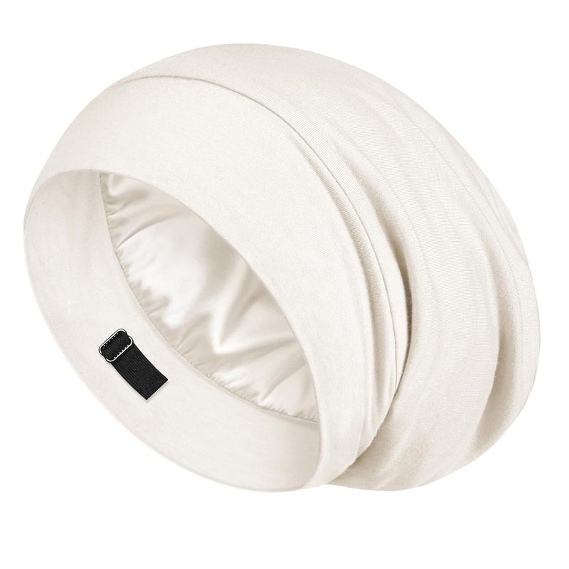 LULUSILK Mulberry Silk Lined Sleep Cap, No More Frizzy Tangled Hair, Stay On All Night Silk Hair Wrap for Sleeping with Adjustable Strap, Silk Bonnet for Women and Men, White, Pack of 1 - Image 1